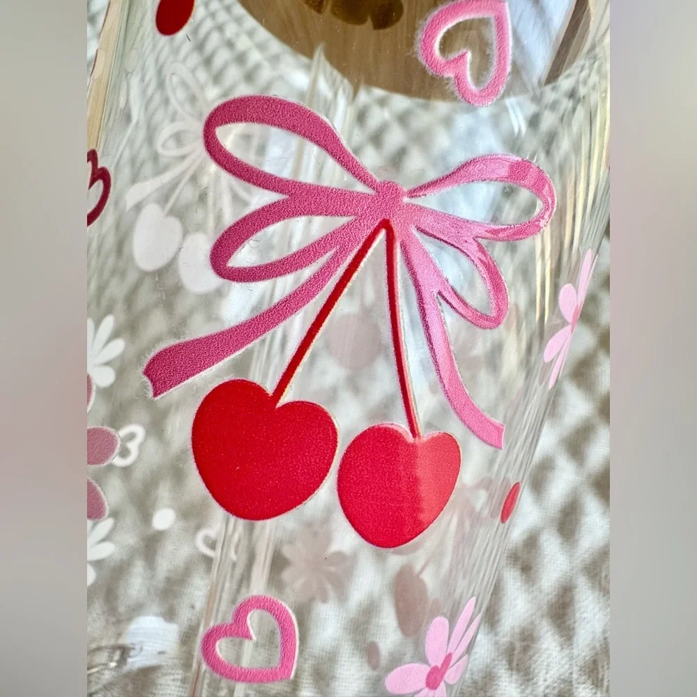 New Pink Bows & Cherry Clear Glass Drink Cup w/ Wood Lid & Glass Straw 16oz